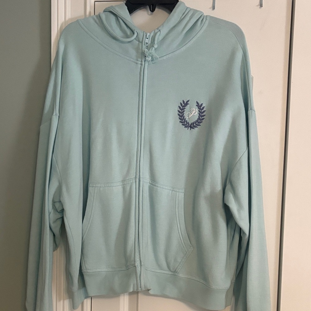VS Pink Light blue hooded zip up sweatshirt.